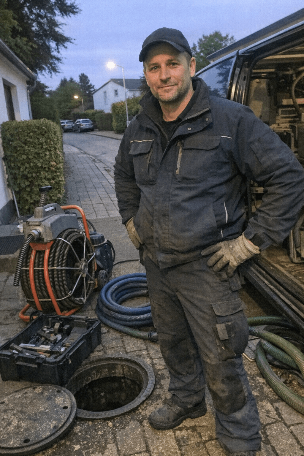 Techniker reinigt Abfluss und Rohrleitung am Hauseingang eines Wohnhauses in Benrath.