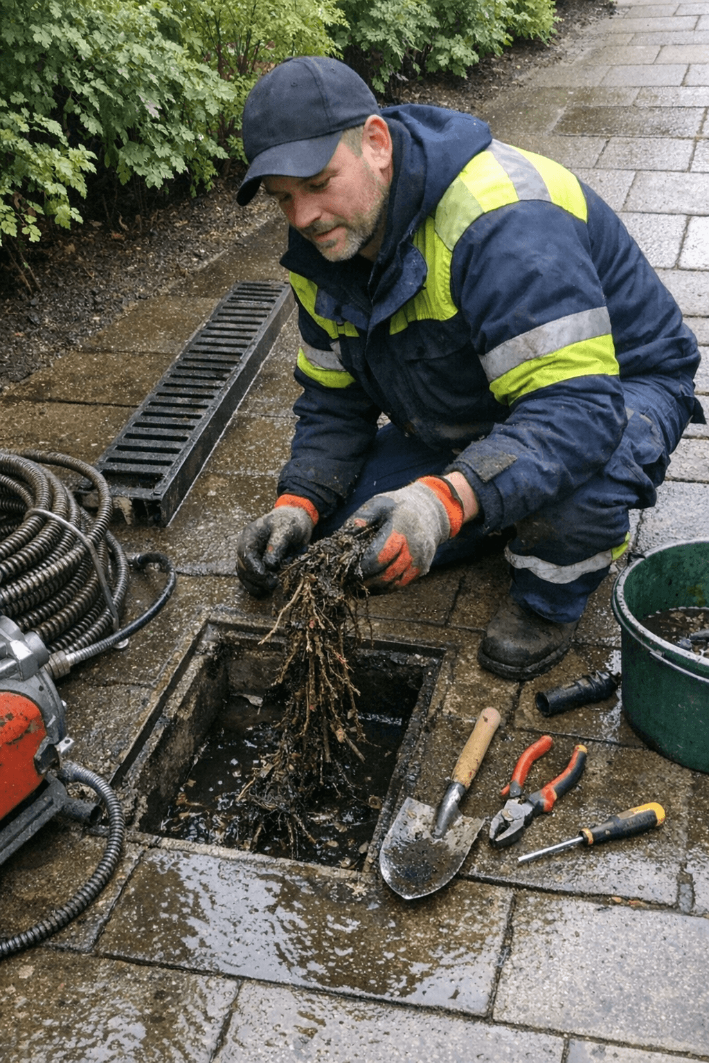 Techniker öffnet Kontrollschacht in Hochdahl, entfernt Wurzeln aus Abflussleitung.