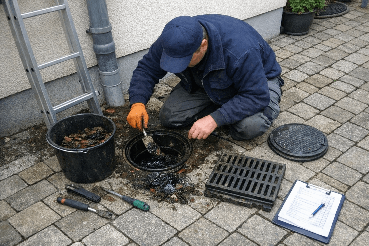 Techniker inspiziert im Außenbereich einen Revisionsschacht zur vorbeugenden Kanalwartung an Wohnhaus in Hilden.