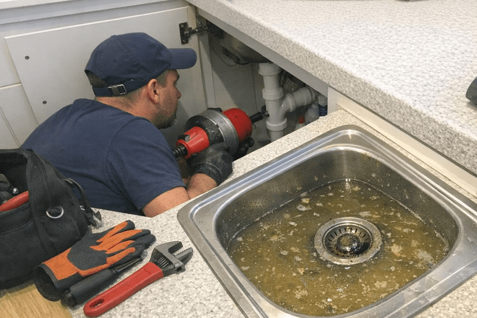 Verstopfte Küchenspüle mit stehendem Wasser