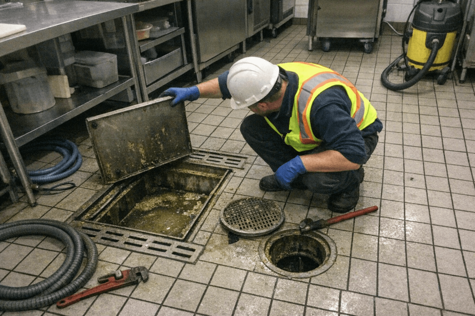 Rohrreinigung in Großküche eines Gastronomiebetriebs bei gewerblichem Einsatz.