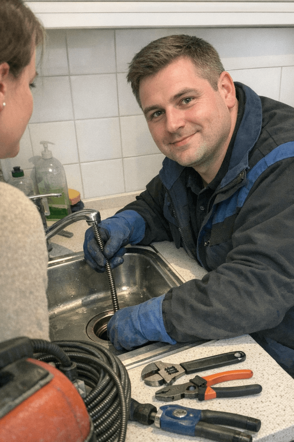 Freundliches Team von Rohrreinigung Koch mit Profi-Werkzeugen an sauberem Kundenstandort.